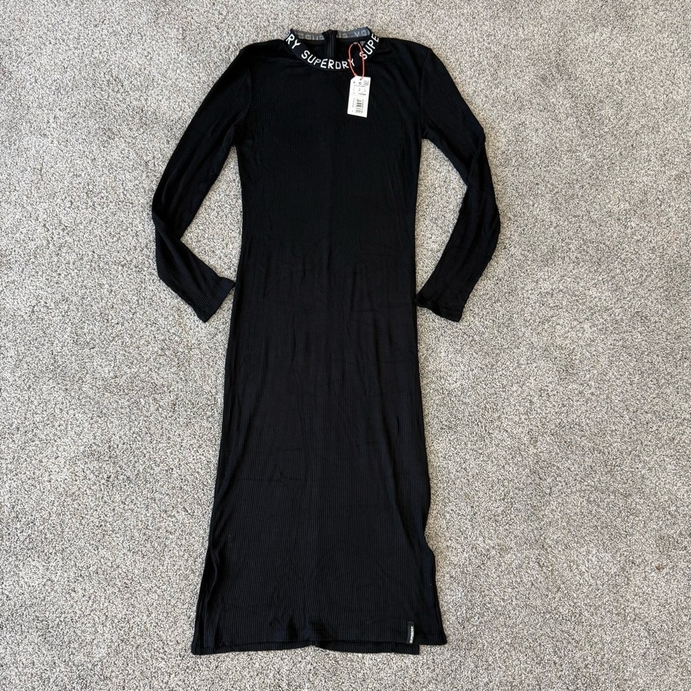NWT Super Dry Black FullSleeve Ribbed Midi SideSlit Dress Minimalist Women US 10